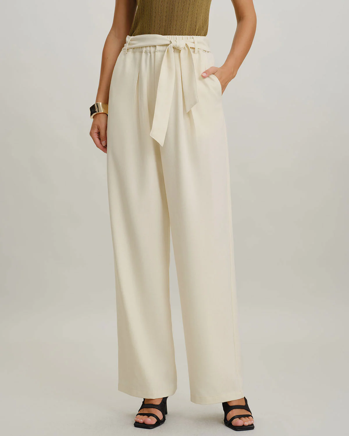 Beige High Waisted Belt Straight Pants