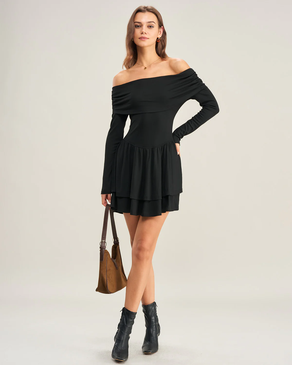 Black A-Line Off The Shoulder Mini Dress