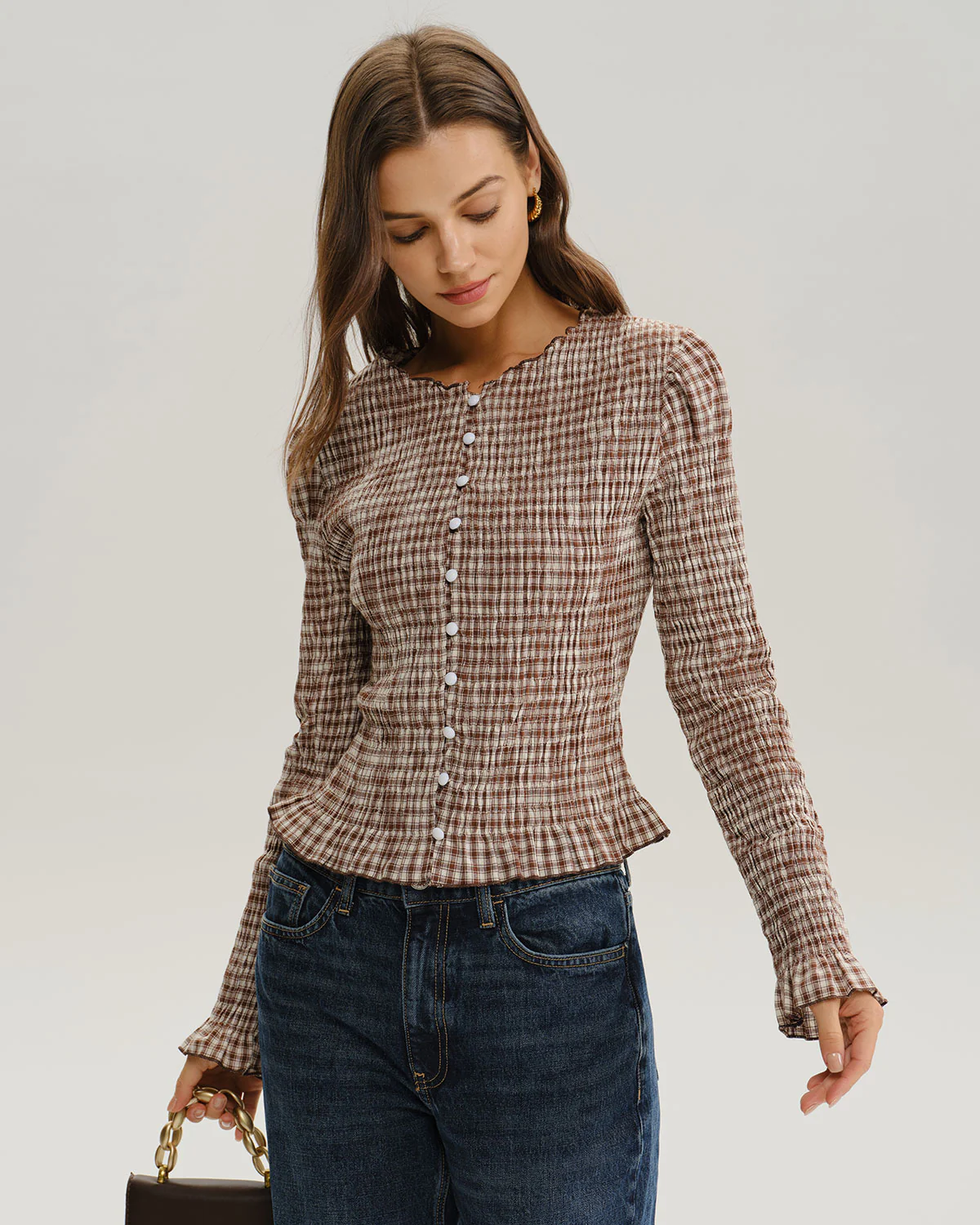 Brown Plaid Shirred Poet Sleeve Blouse