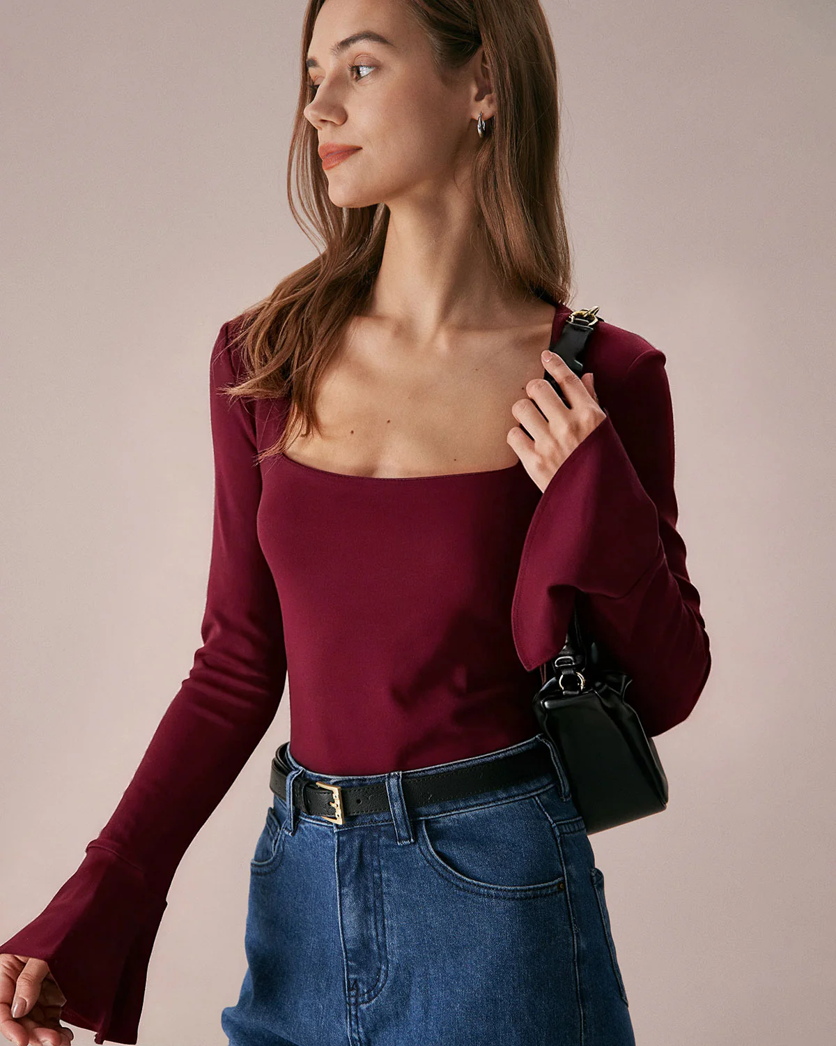Wine Red Bell Sleeve Knit Tee