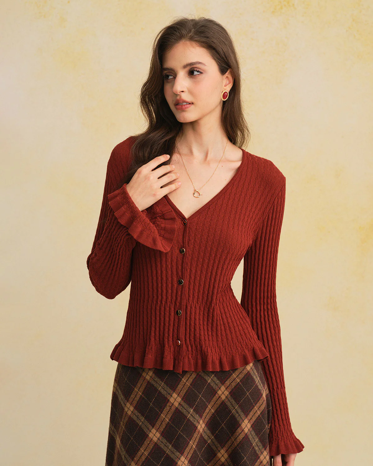 Brown V Neck Bell Sleeve Knit Cardigan