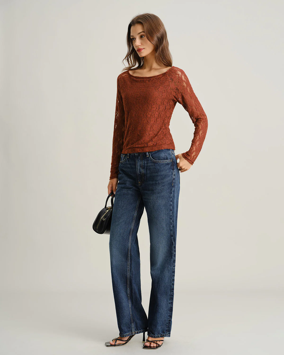 Brown Boat Neck Lace Slim Tee