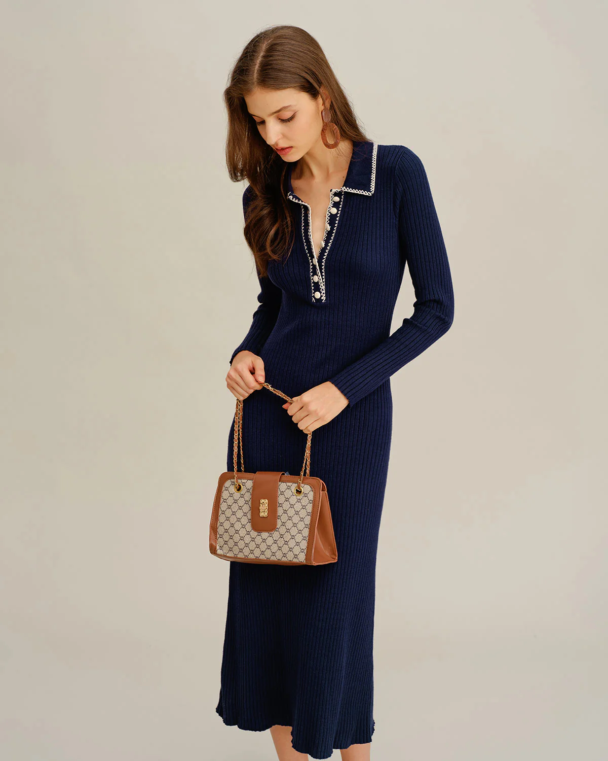 Blue Contrasting Button Sweater Dress