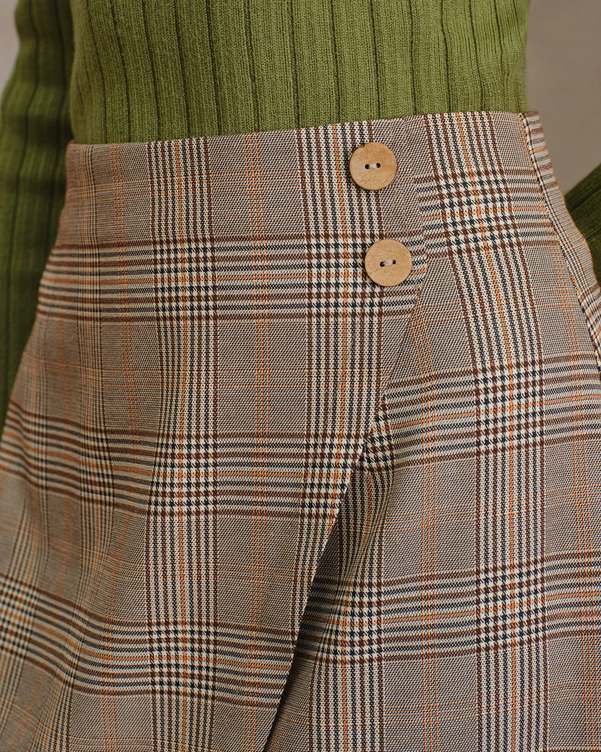 Khaki Plaid Wrap Slit Midi SKirt