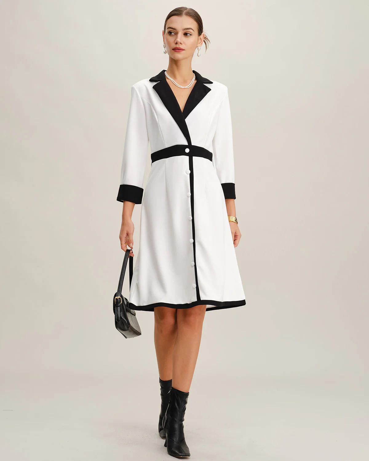 White Contrasting V Neck Button Midi Dress