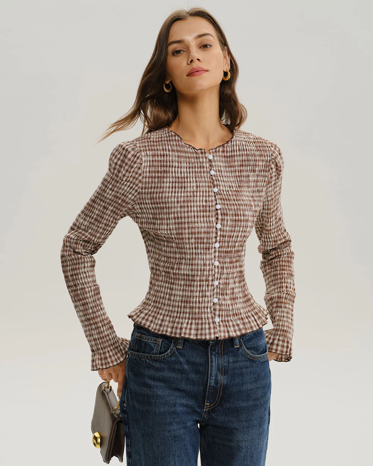 Brown Plaid Shirred Poet Sleeve Blouse