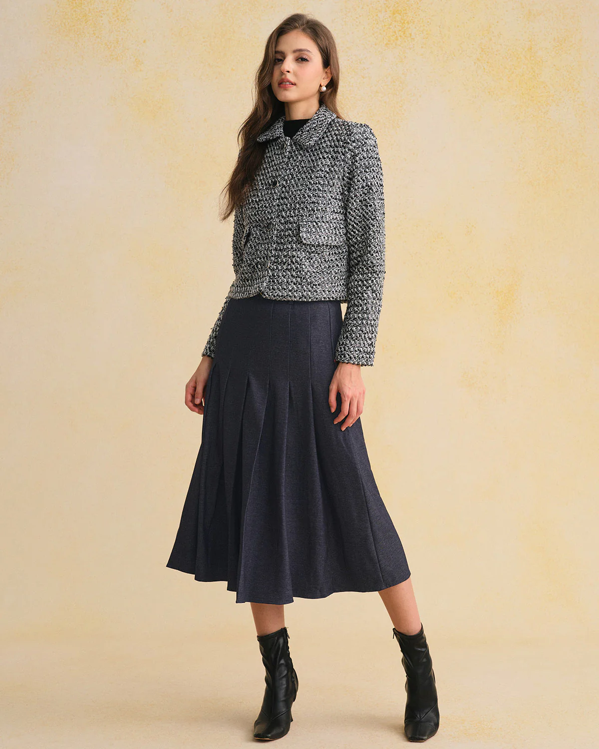 Blue Pleated Belted Midi Skirt