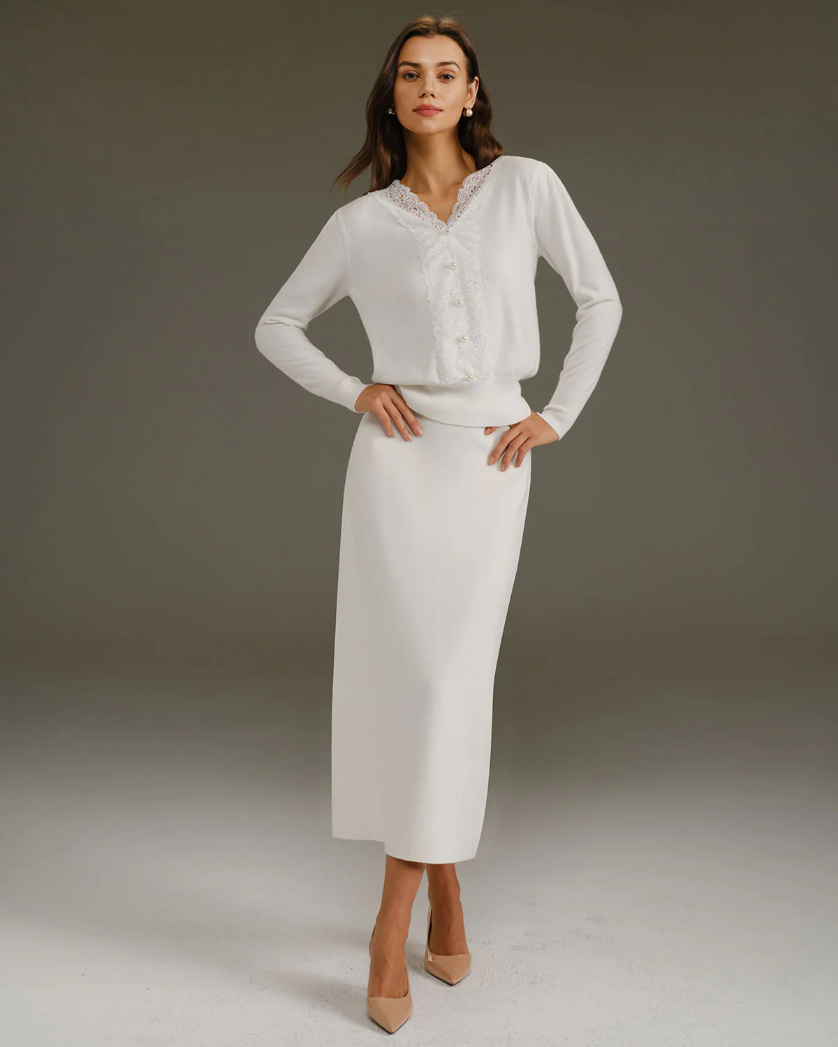 White V Neck Pearl Button Sweater