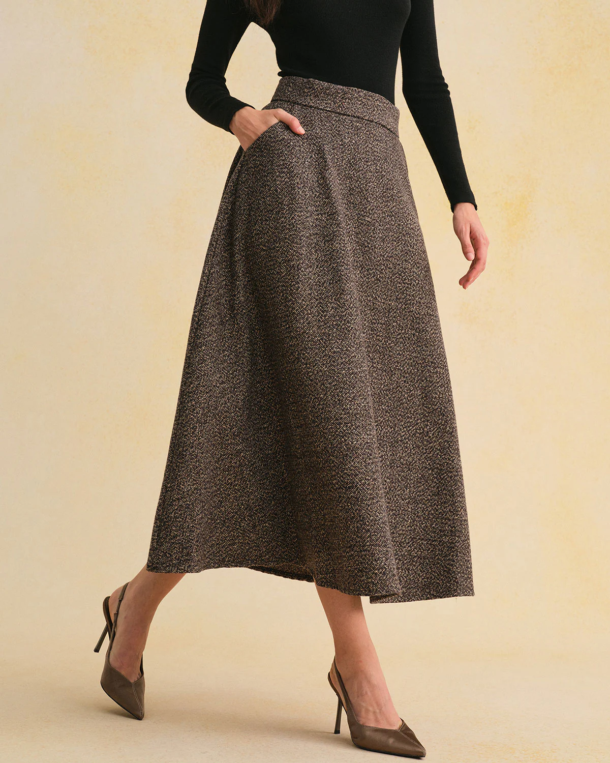 Grey A-Line Zipper Midi Skirt
