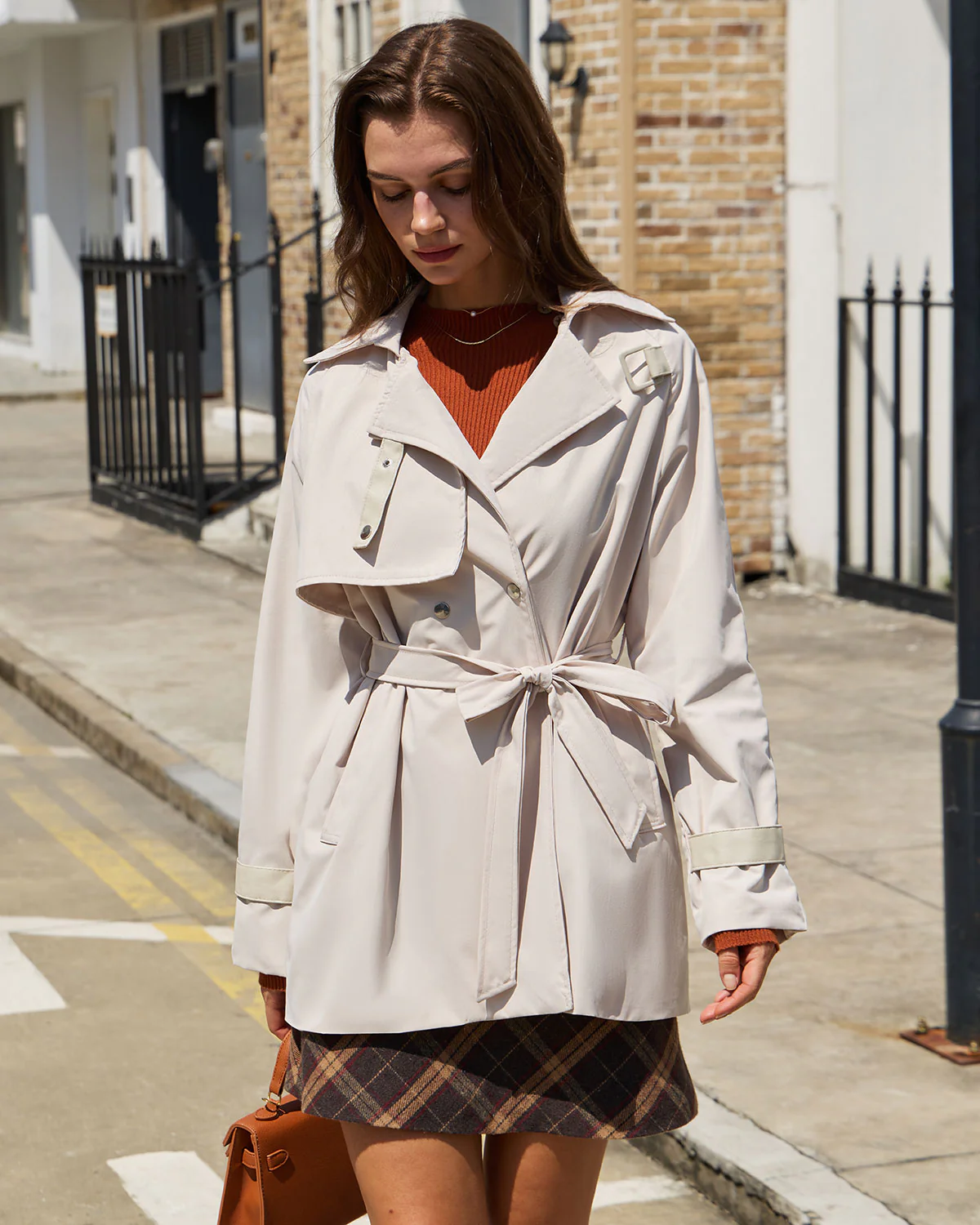 Beige Belted Pockets Trench Coat