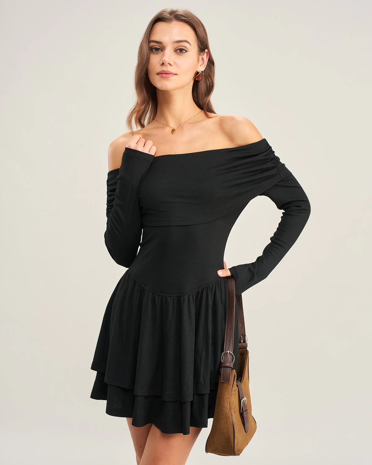 Black A-Line Off The Shoulder Mini Dress