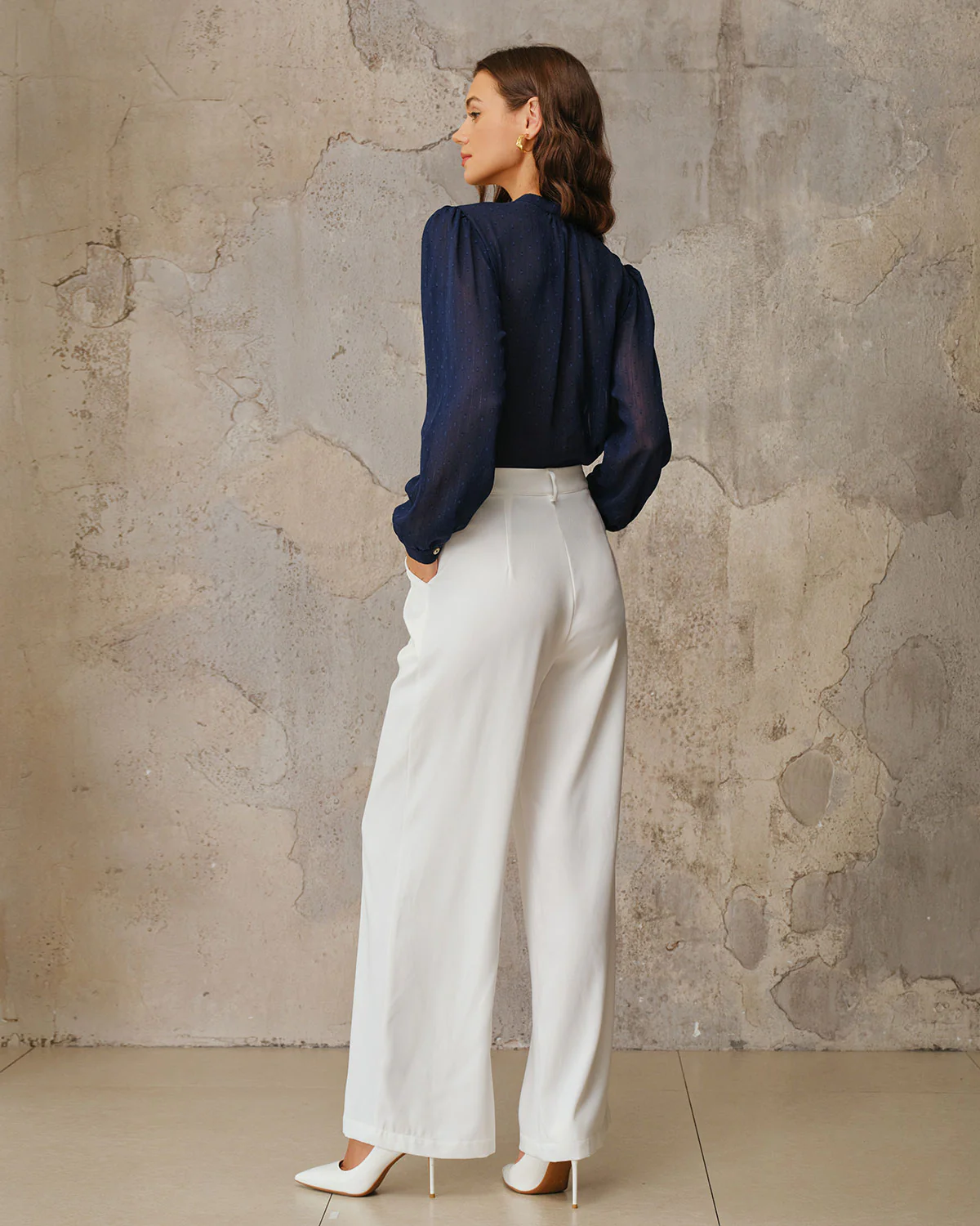 Navy Round Neck Ruched Blouse