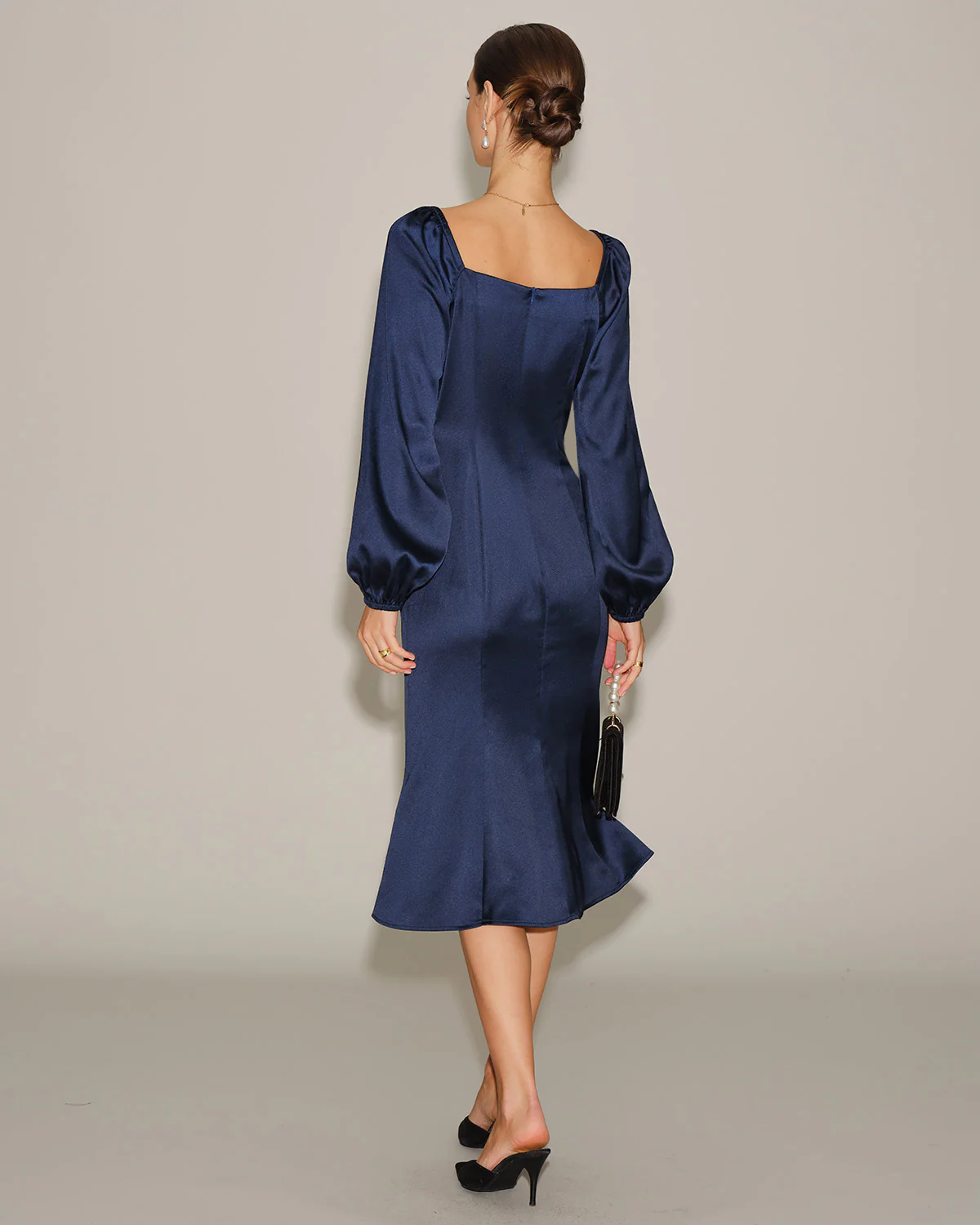 Navy Satin V Neck Ruched Midi Dress
