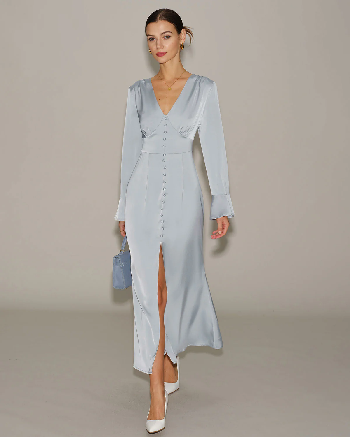 Grey Satin Bell Sleeve Maxi Dress