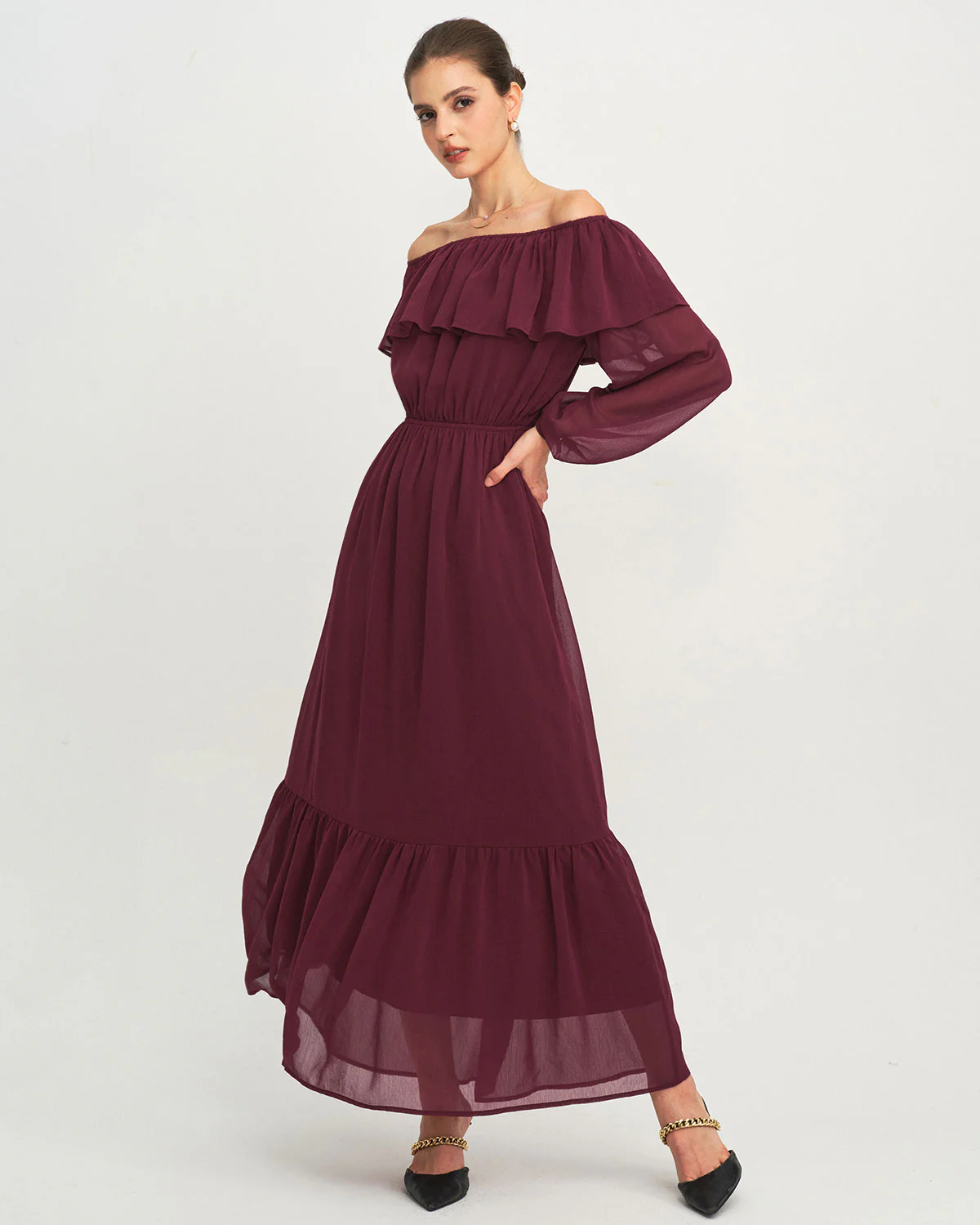 Wine Red Boat Neck Ruffle Maxi Dress