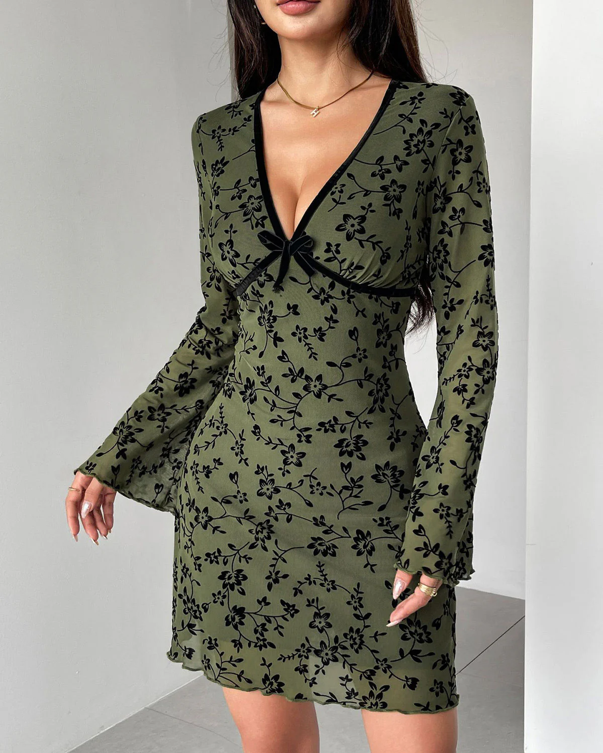 Green Floral V Neck Mini Dress