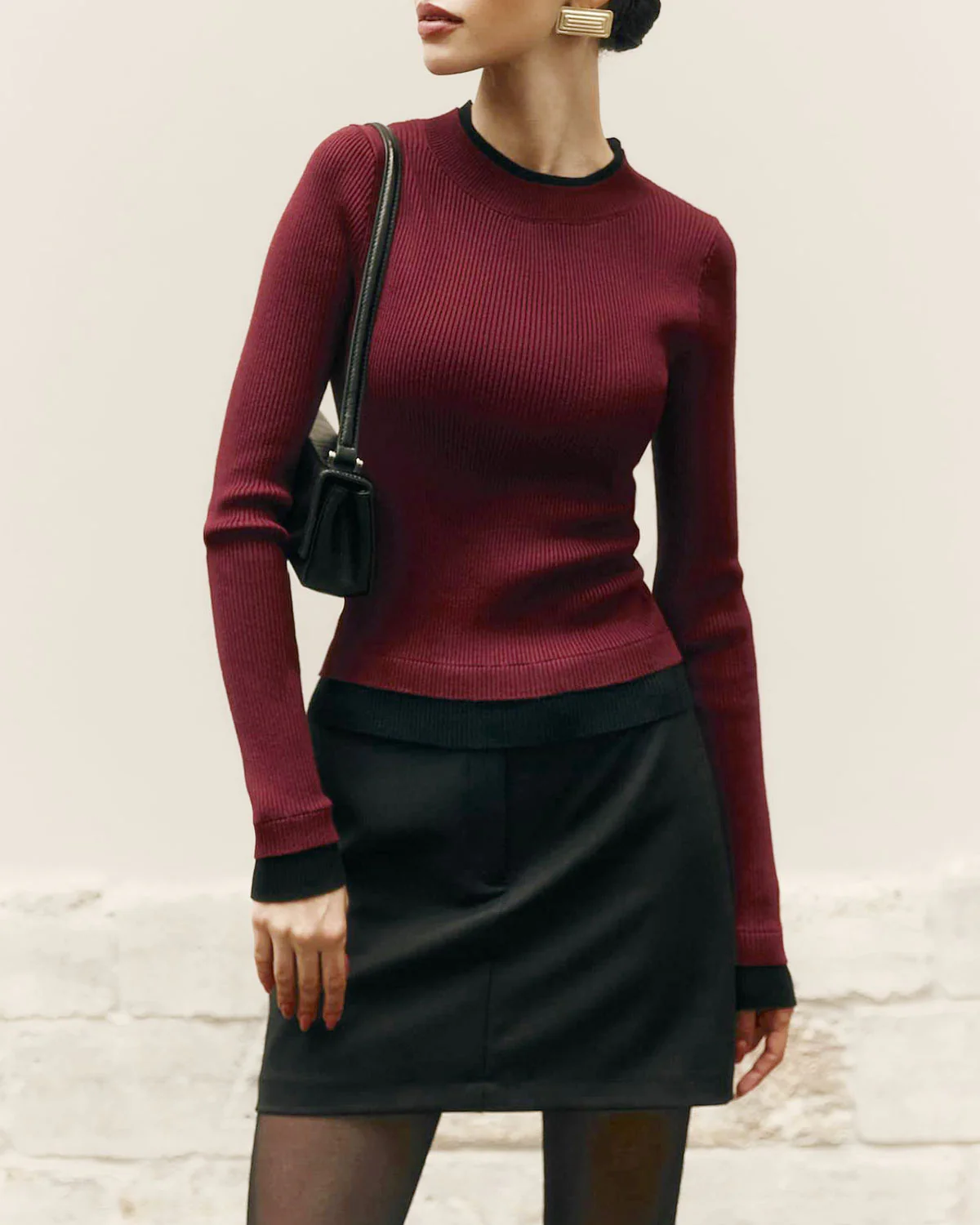 Wine Red Contrasting Knit Tee