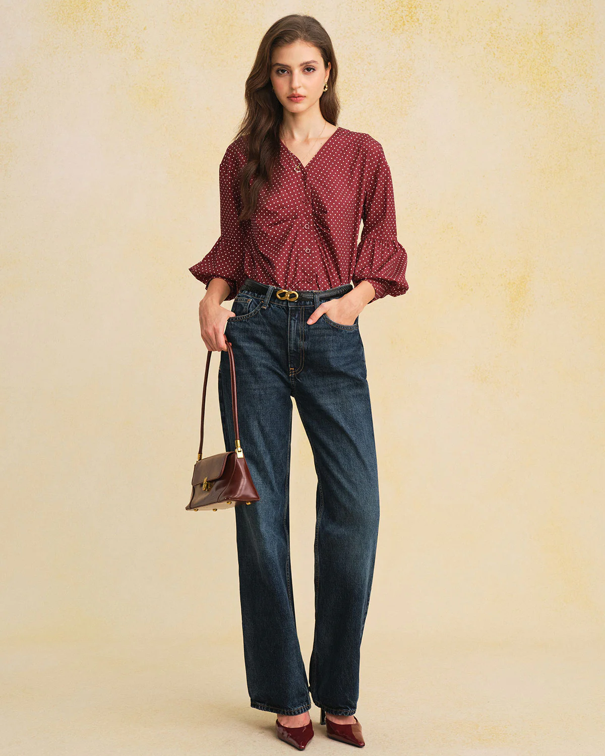 Red V Neck Polka Dot Blouse