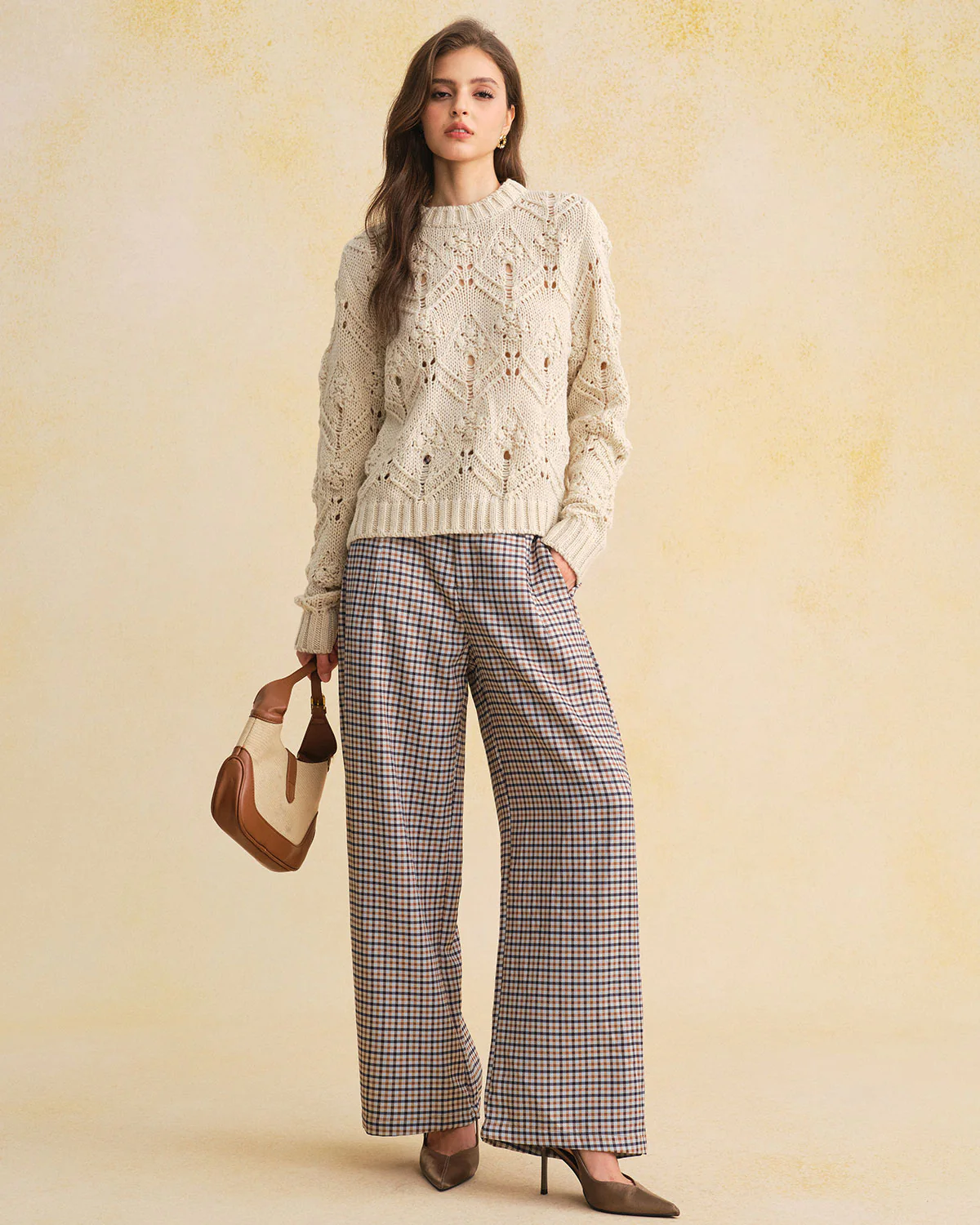 Khaki Plaid Casual Straight Pants
