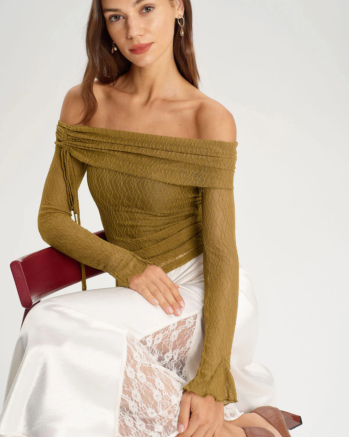 Green Off The Shoulder Bell Sleeve Tee