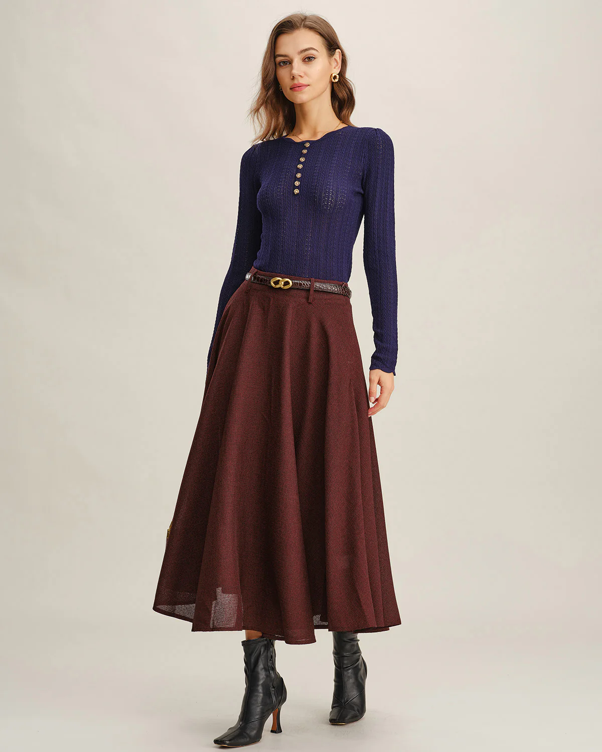 Wine Red A-Line Pocket Midi Skirt