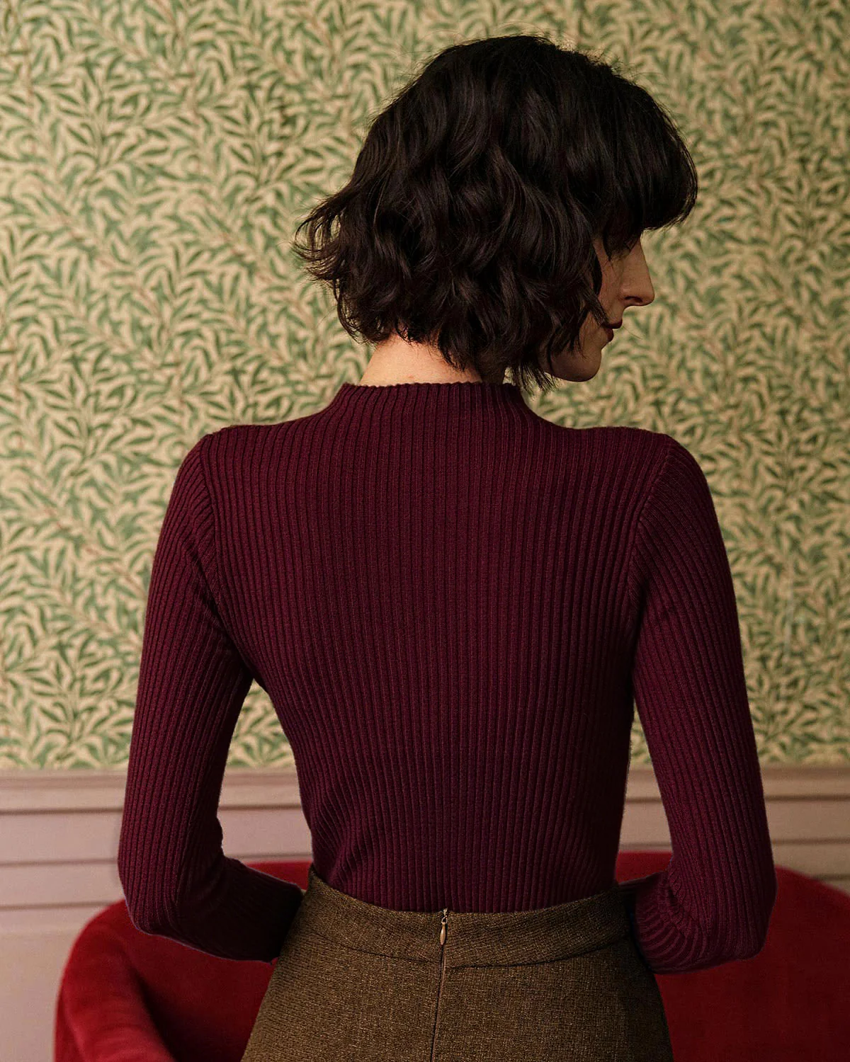 Wine Red Mock Neck Ribbed Knit Tee