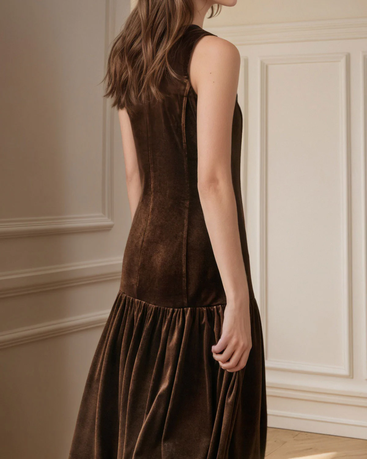 Coffee Velour A-Line Sleeveless Maxi Dress