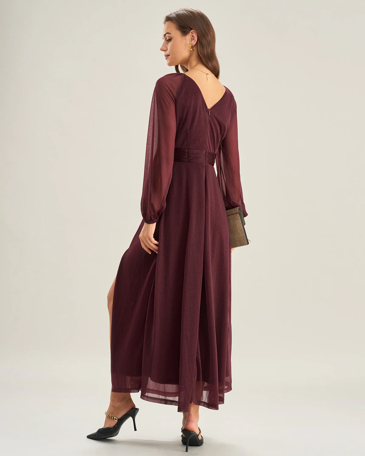 Purple V Neck See Through A-Line Maxi Dresses
