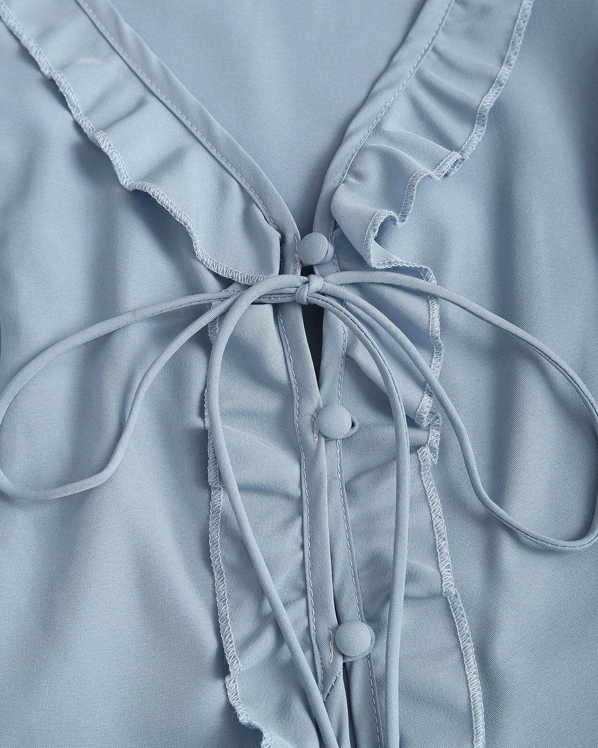 Blue Ruffle V Neck Button Blouse