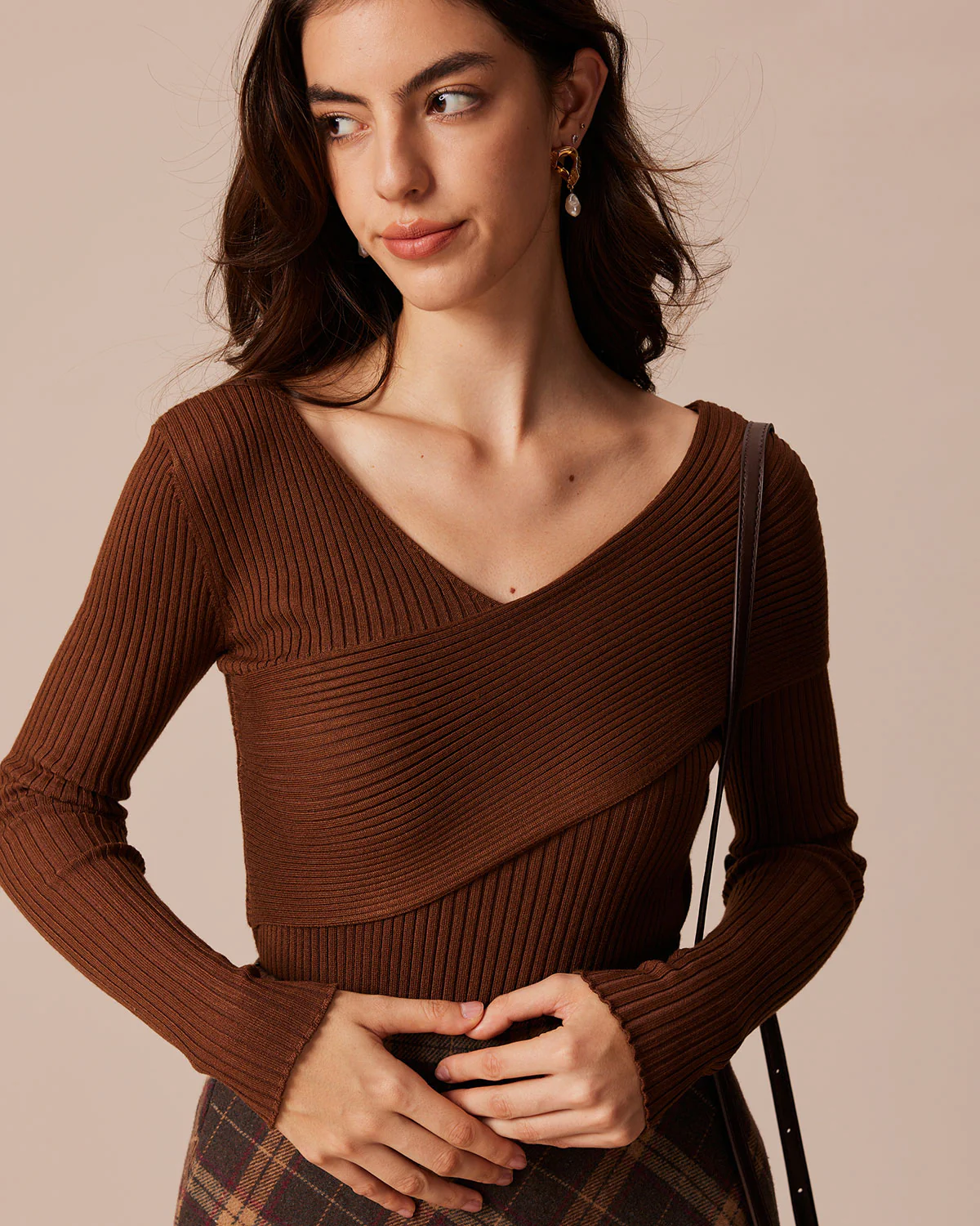 Coffee Ribbed Knit Slim Tee