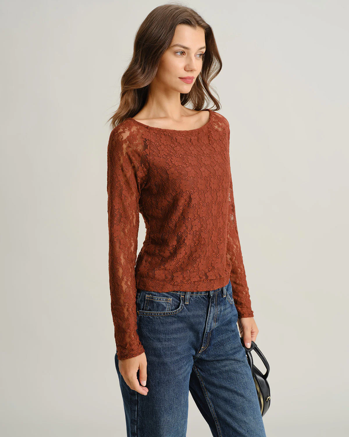 Brown Boat Neck Lace Slim Tee