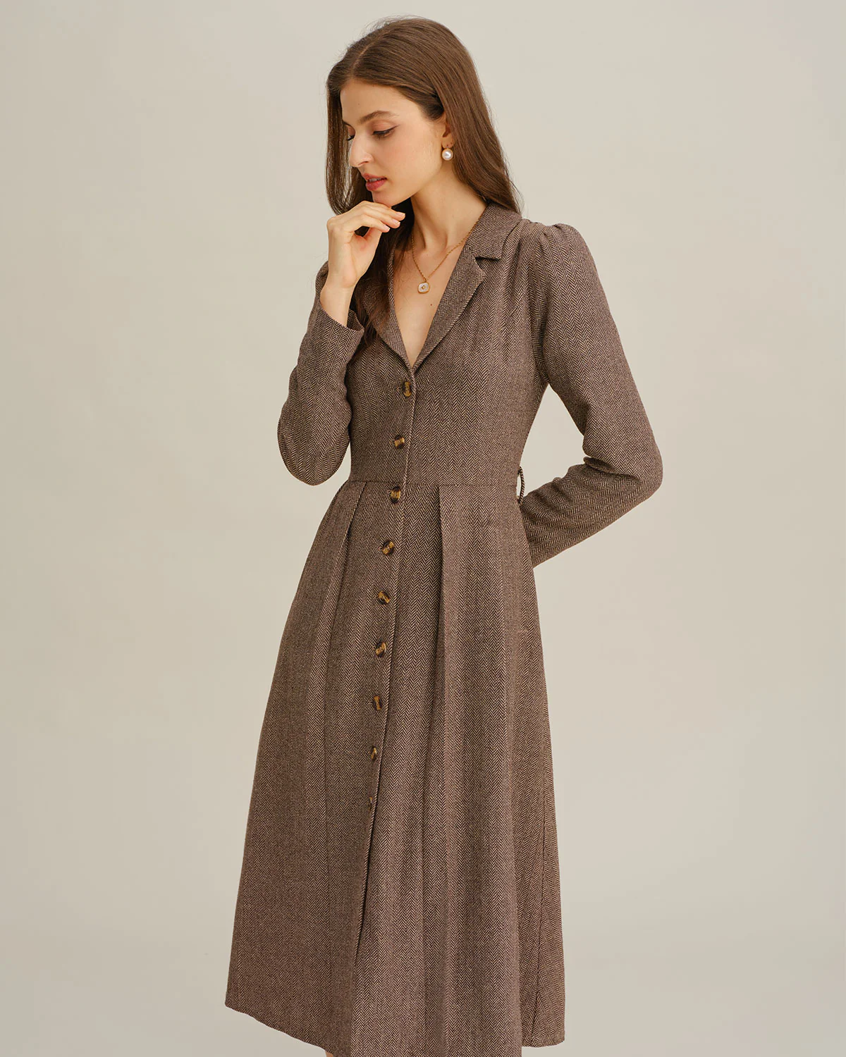 Brown A-Line Pleated Midi Dress