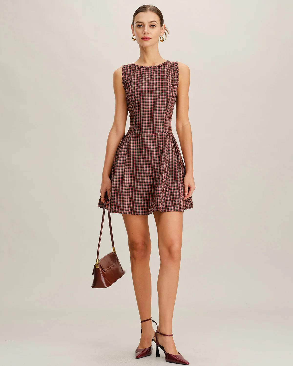 Red Plaid Boat Neck Sleeveless Mini Dress