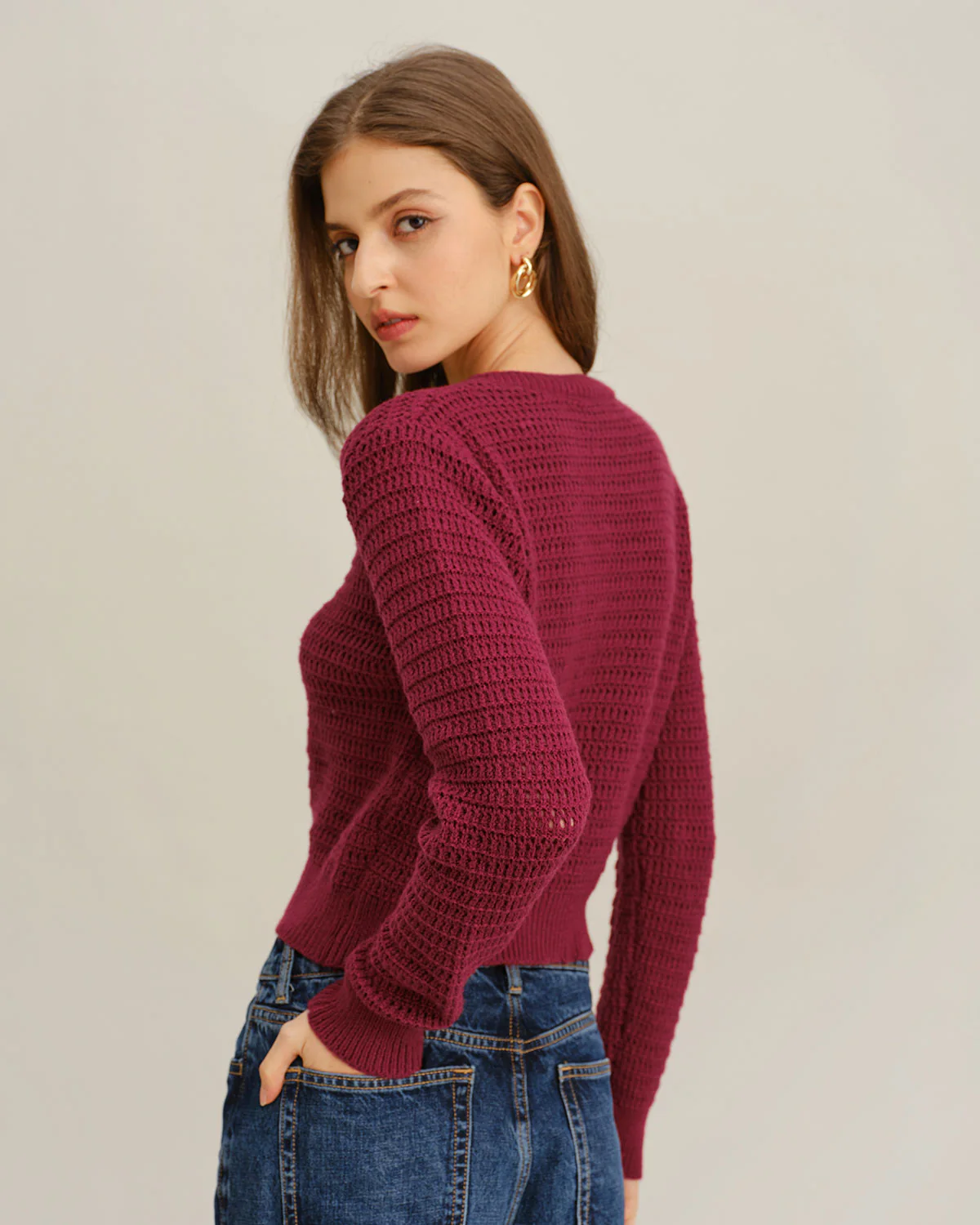 Wine Red Single Breasted Round Neck Knit Cardigan