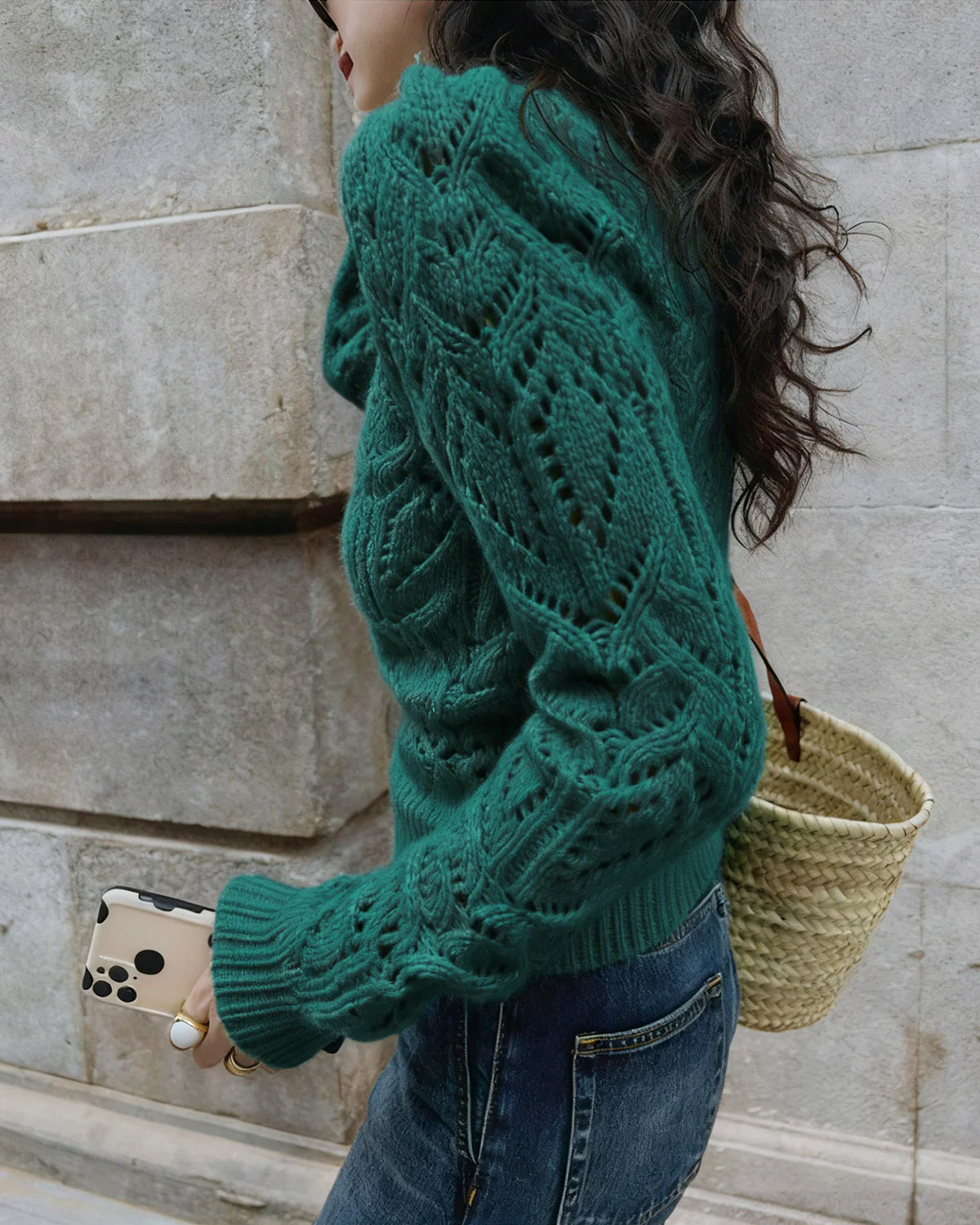 Green Round Neck Cut Out Sweater