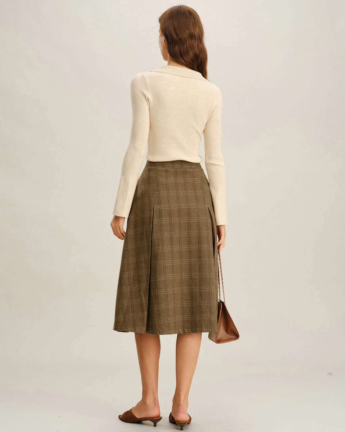 Brown Plaid A-Line Midi Skirt