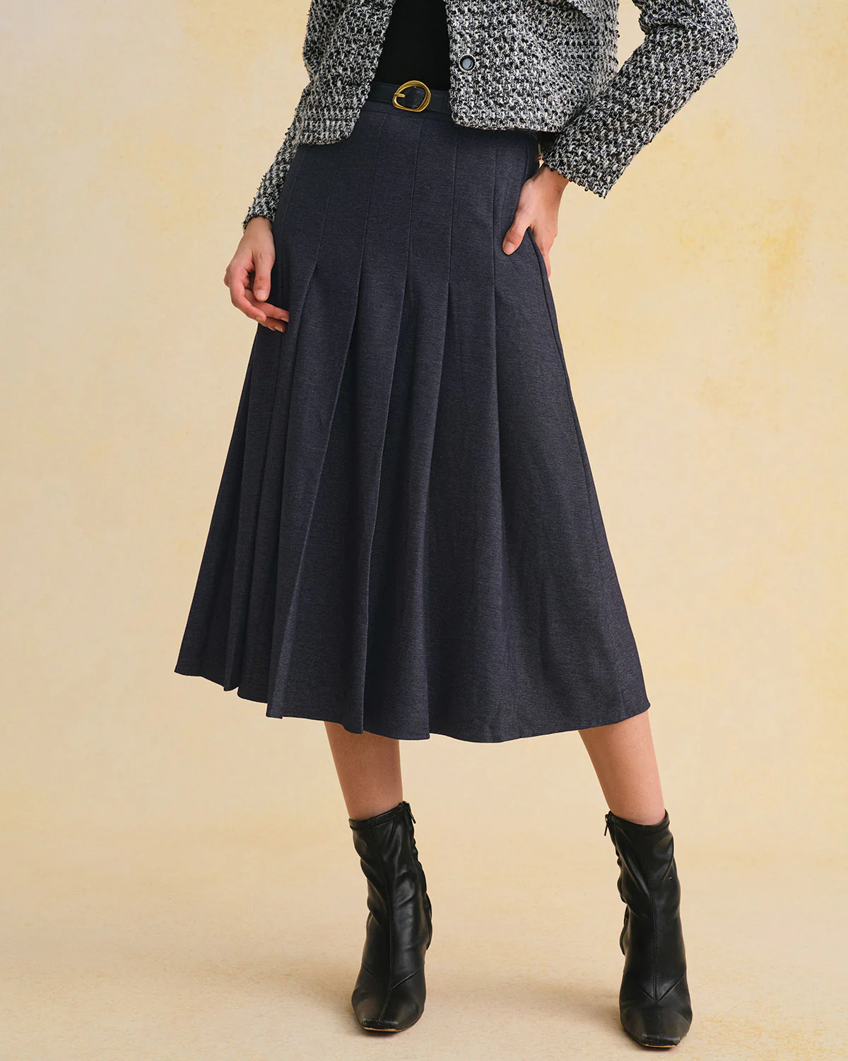 Blue Pleated Belted Midi Skirt