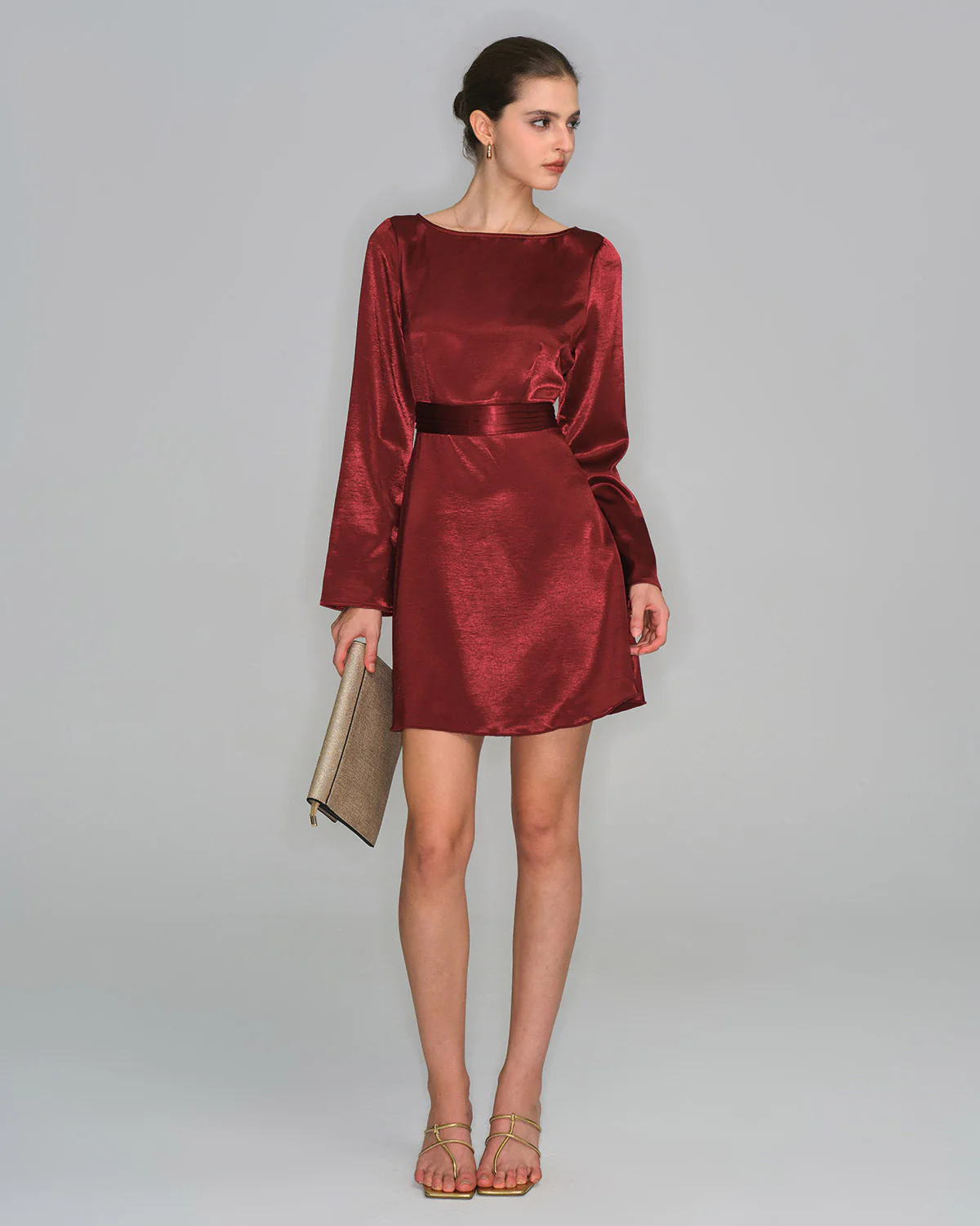 Wine Red Satin Bell Sleeve Mini Dress