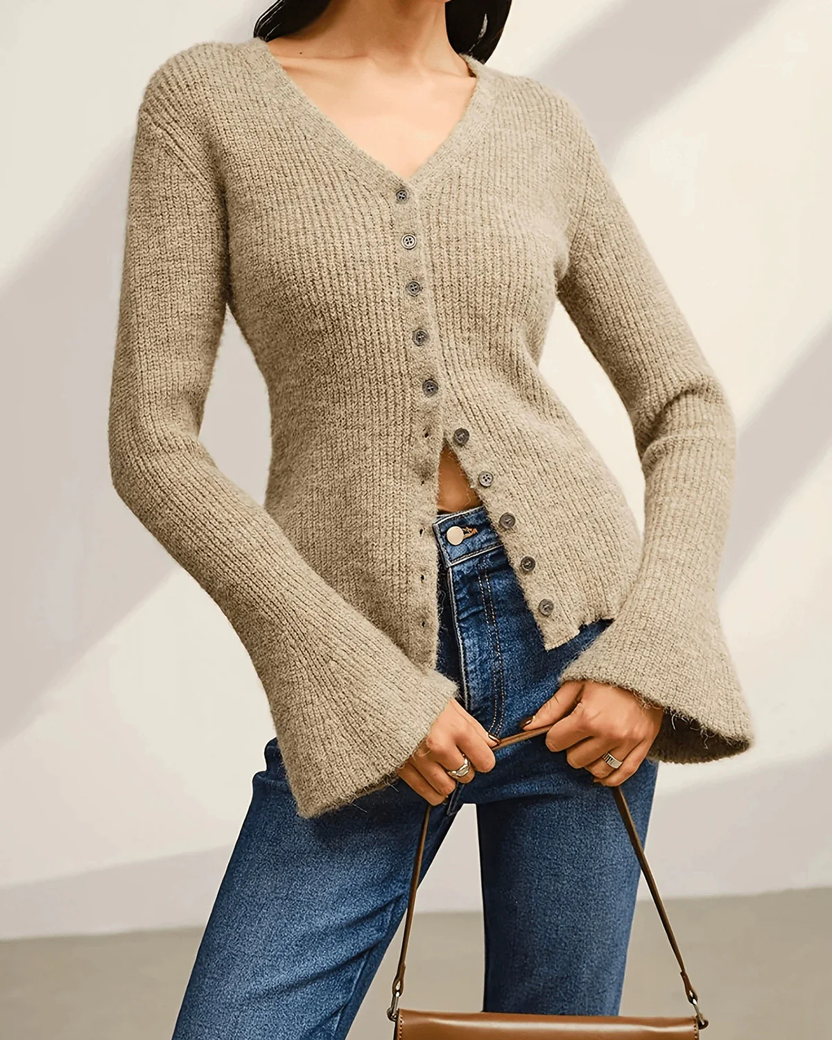 Khaki V Neck Button Knit Cardigan