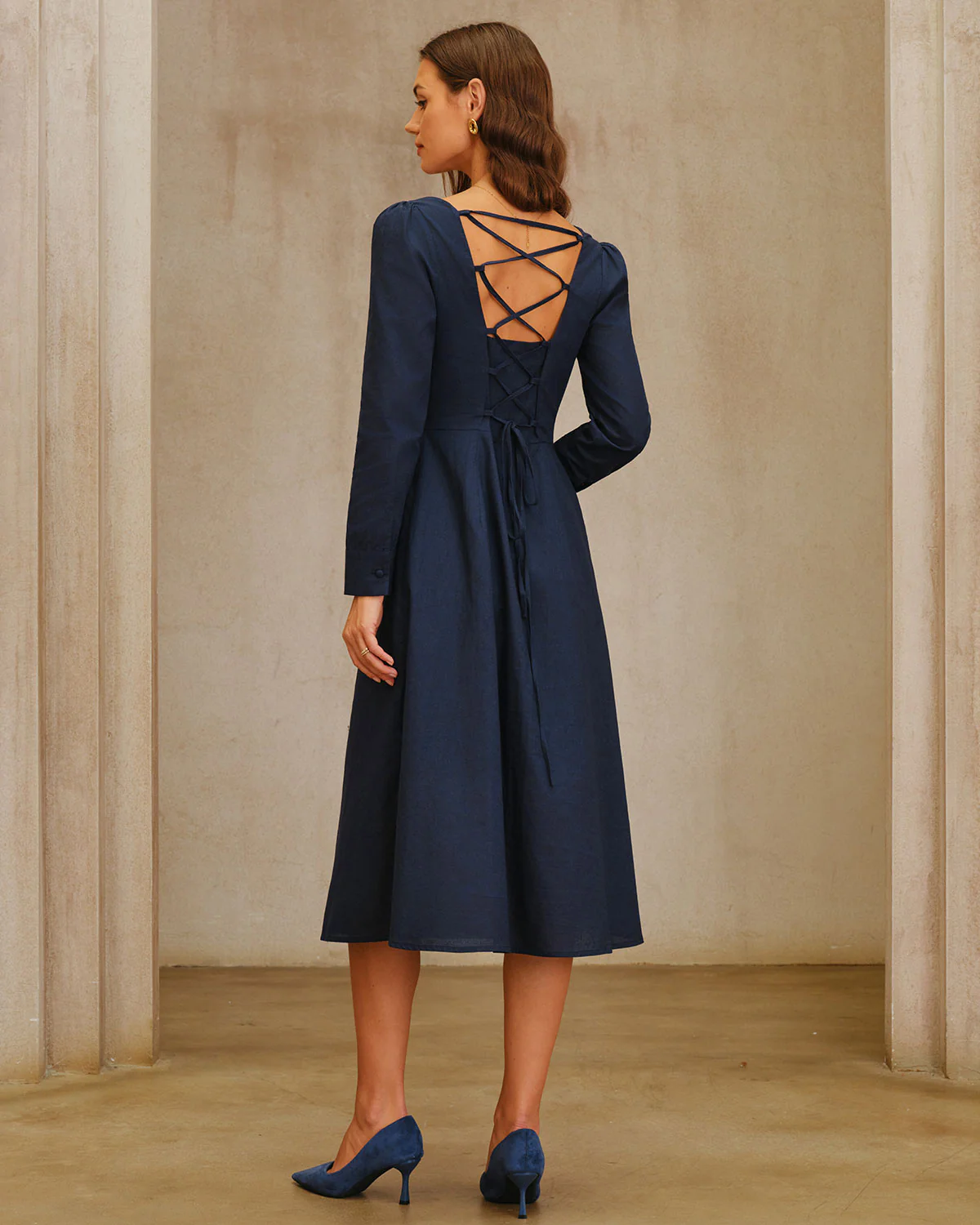Navy Square Neck A-Line Midi Dress