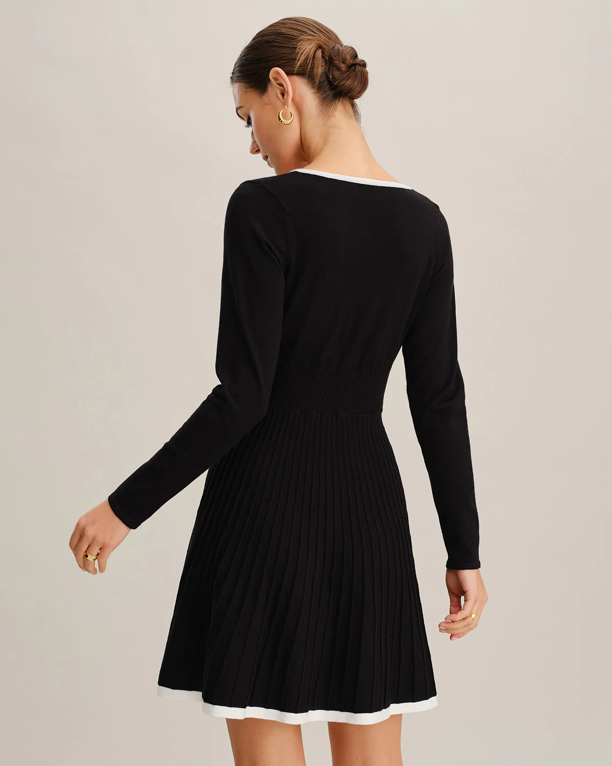 Black Contrasting V Neck Button Sweater Dress