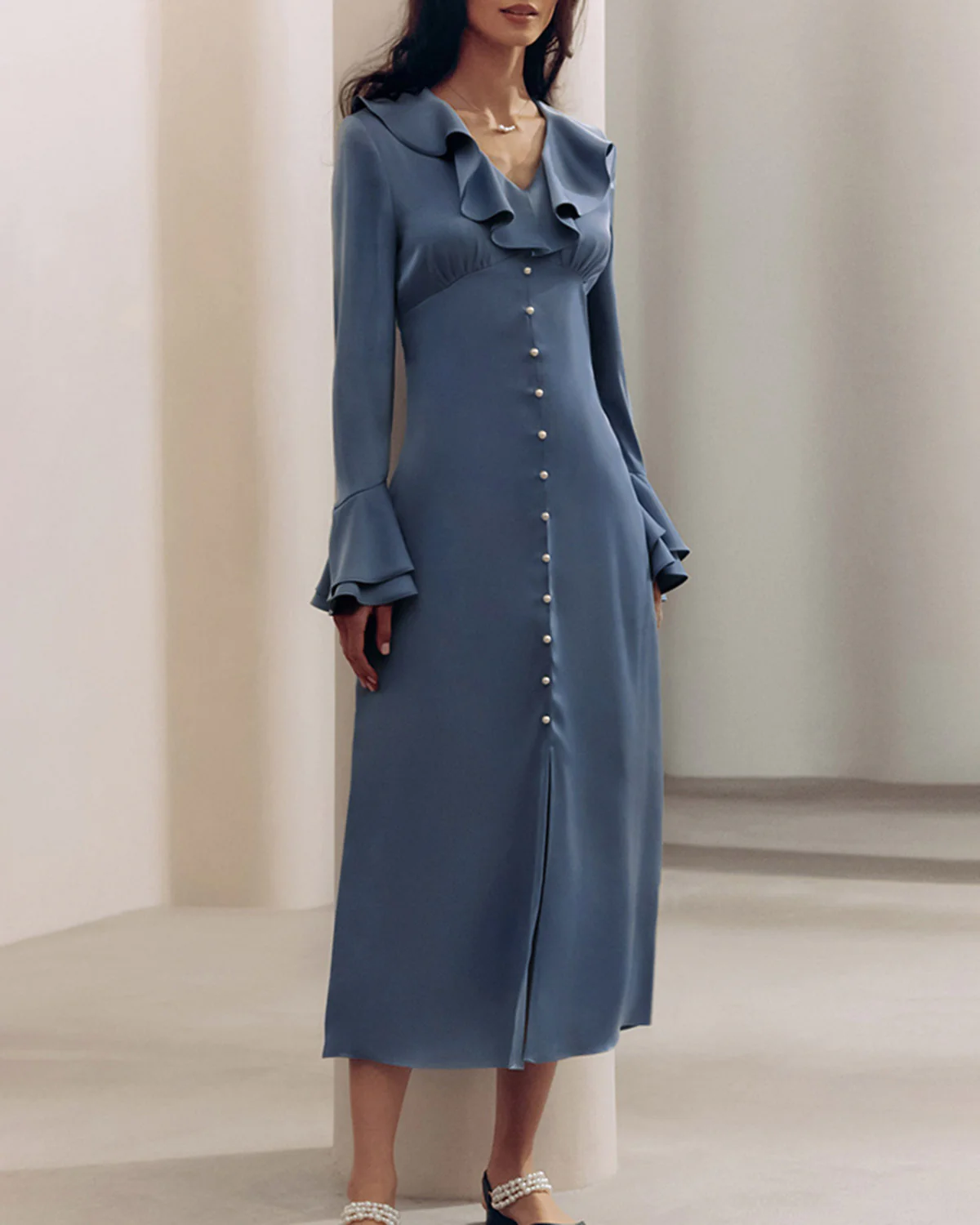 Blue V Neck Ruffle Satin Maxi Dress