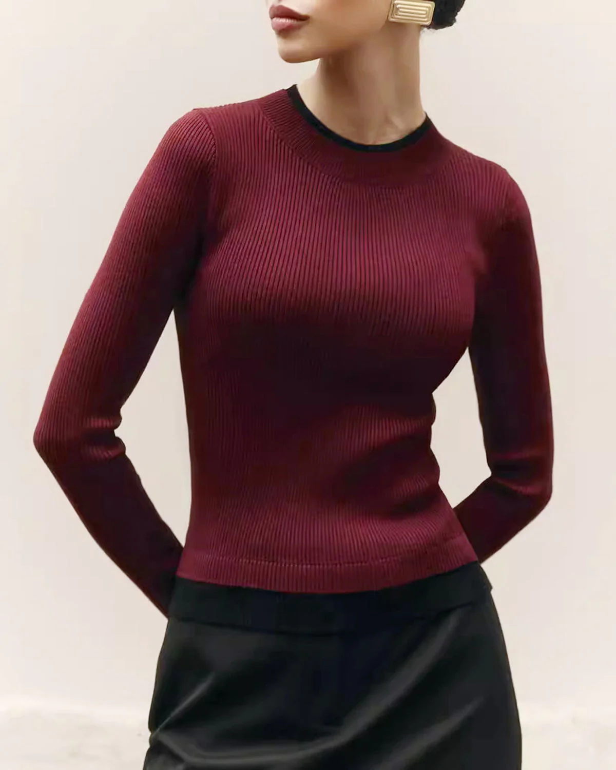 Wine Red Contrasting Knit Tee