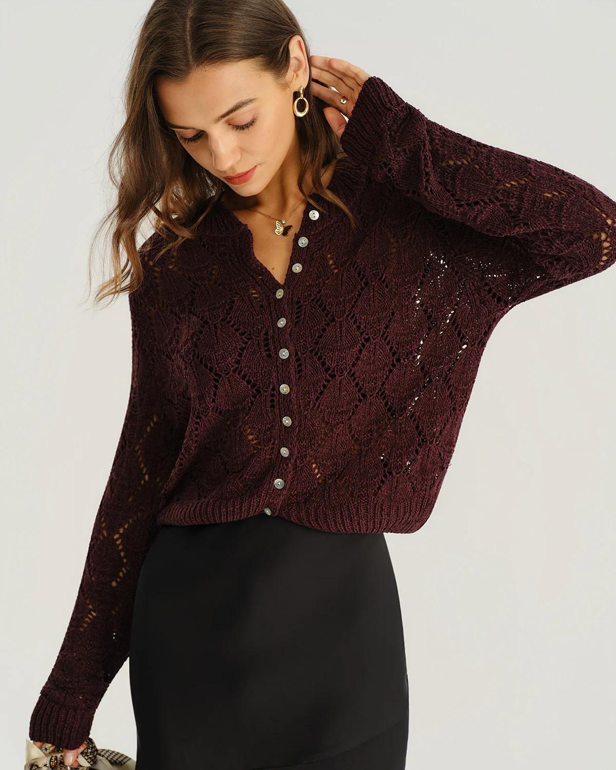 Wine Red Single Breasted Knit Cardigan