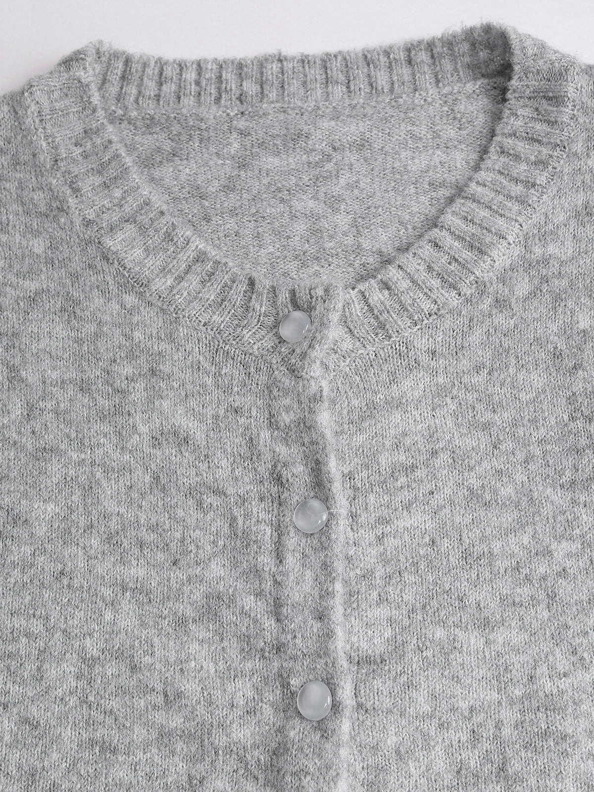 Grey Round Neck Ribbed Knit Cardigan