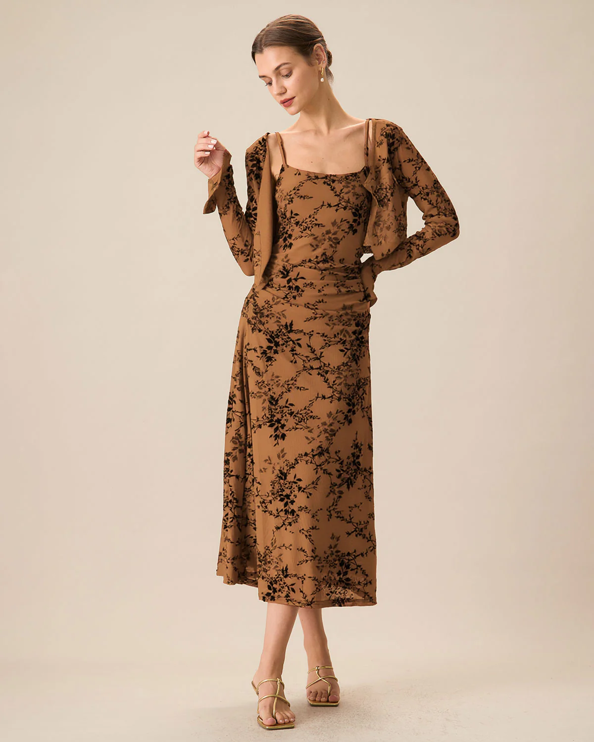 Brown Floral Two-piece Midi Dress