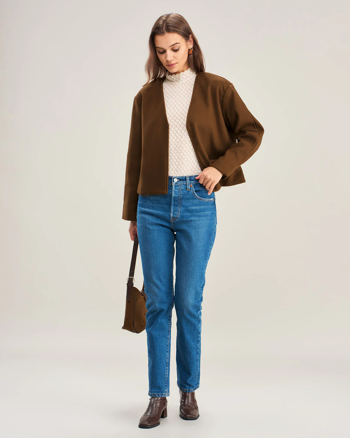 Coffee V Neck Casual Coat