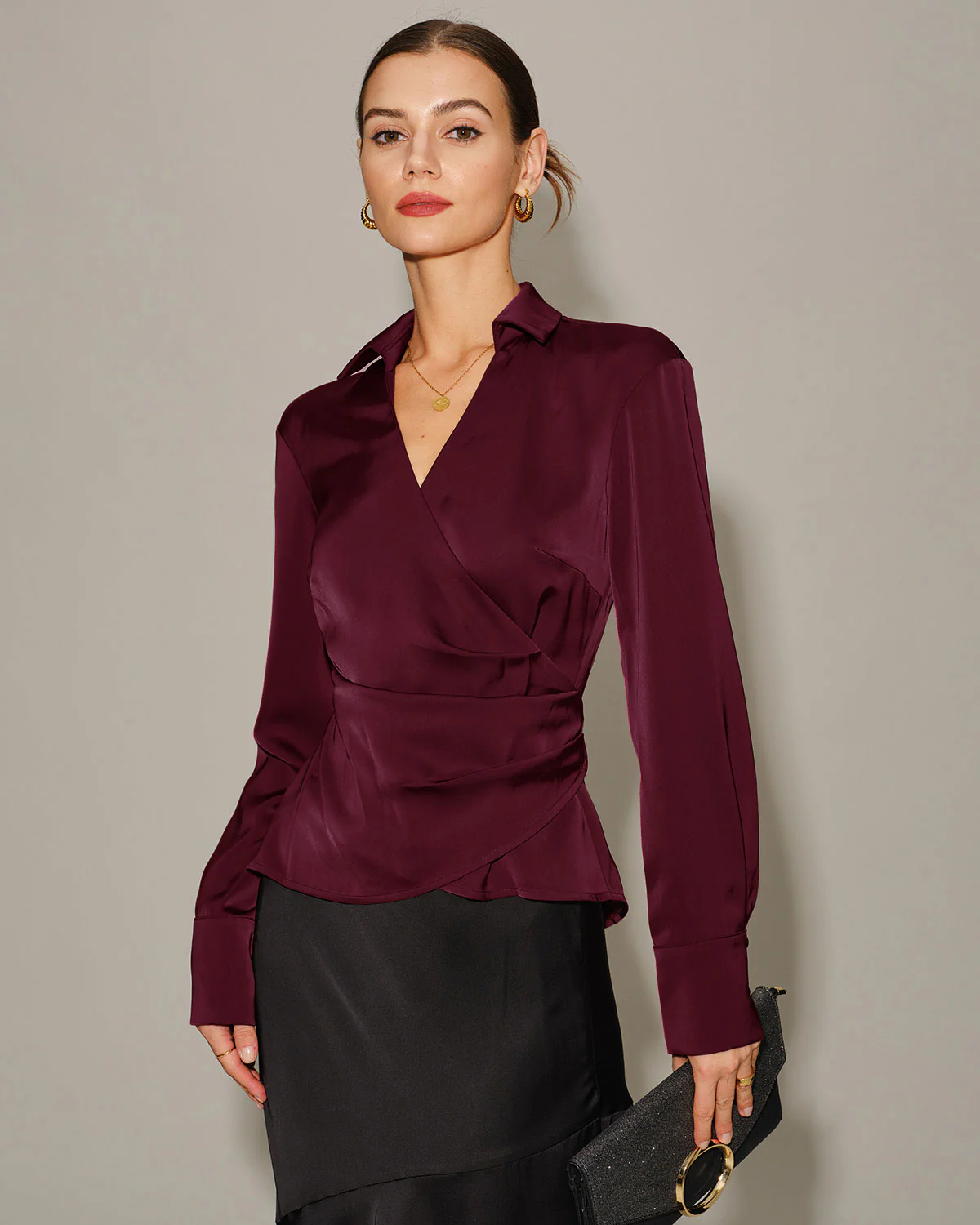 Wine Red Satin V Neck Tie Shirt
