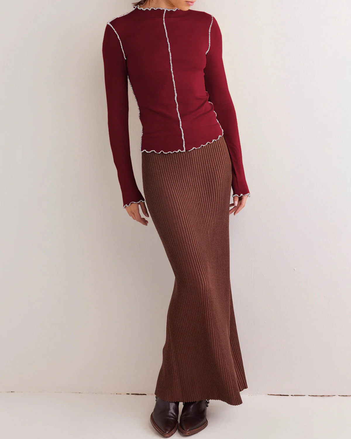 Wine Red Slim Contrasting Tee