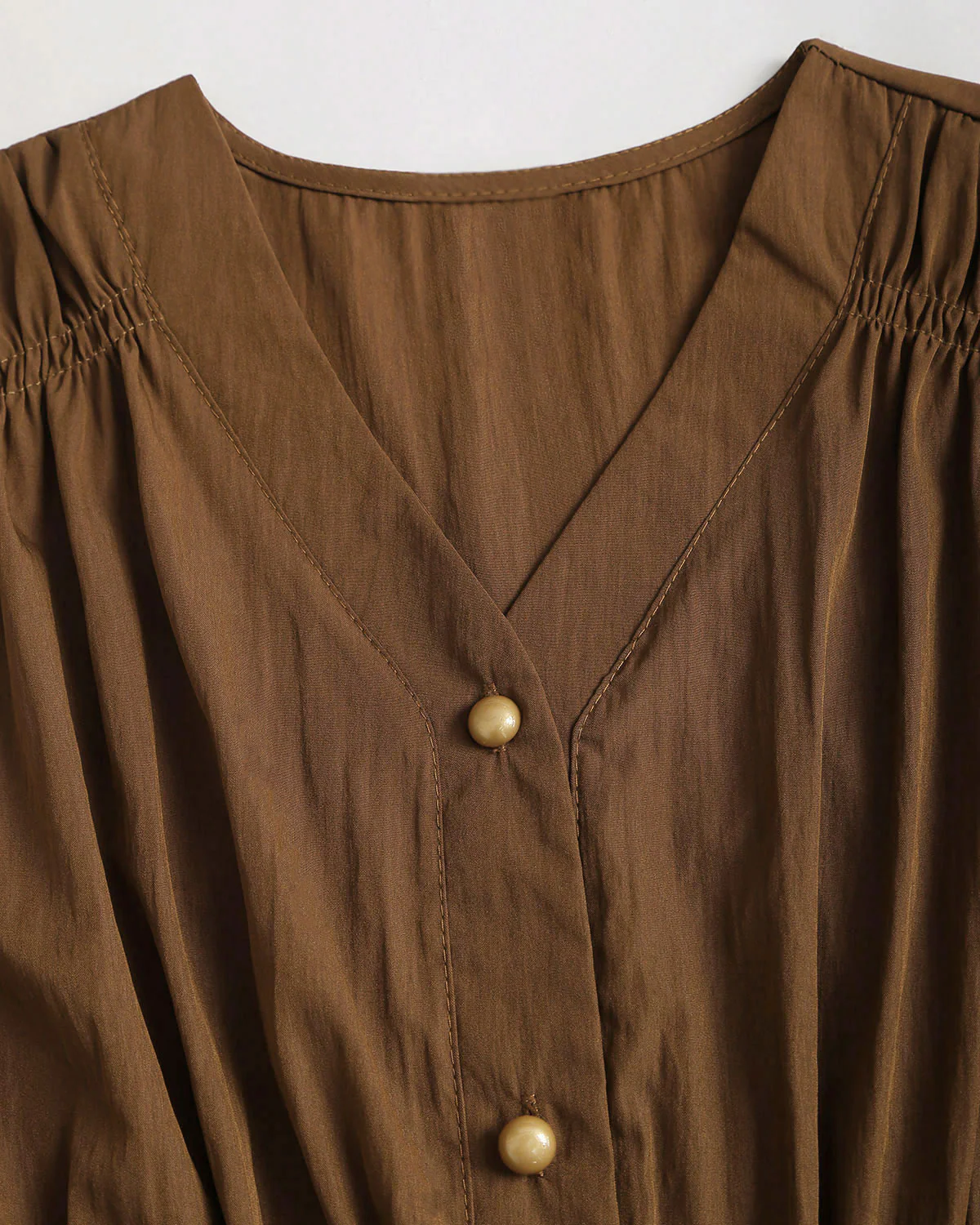 Brown Lantern Sleeve Shirred Shirt